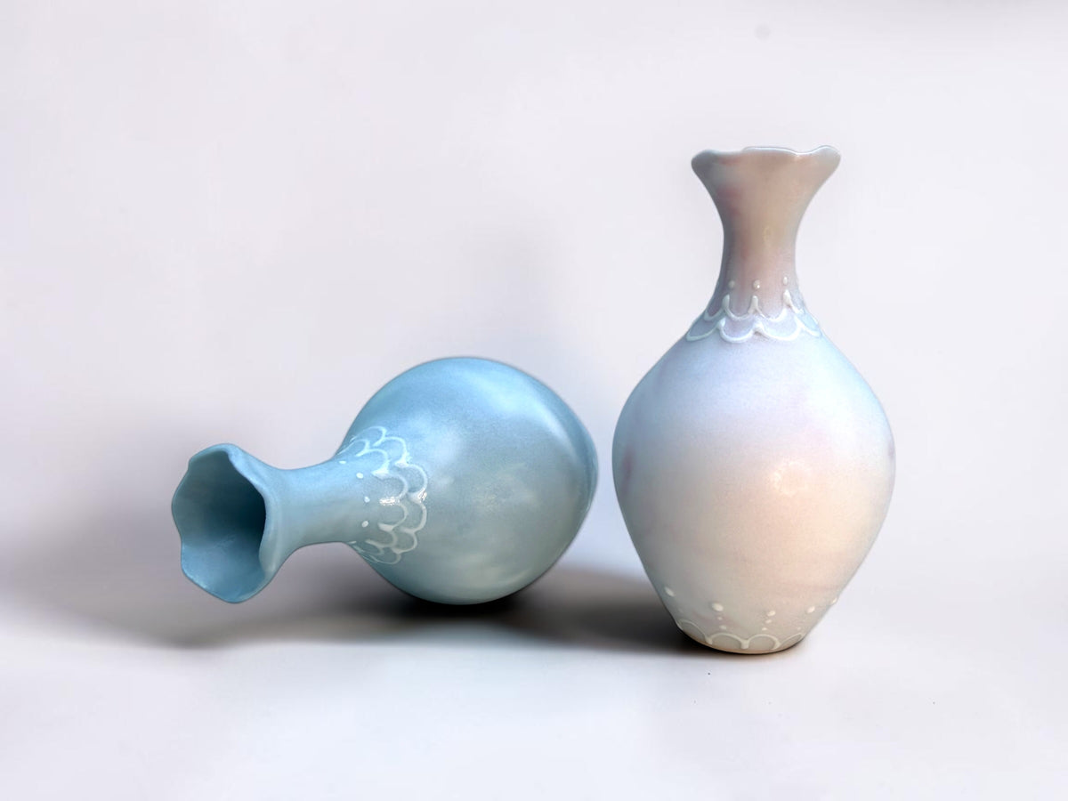Cacao Pottery fluted bottle vase, pink